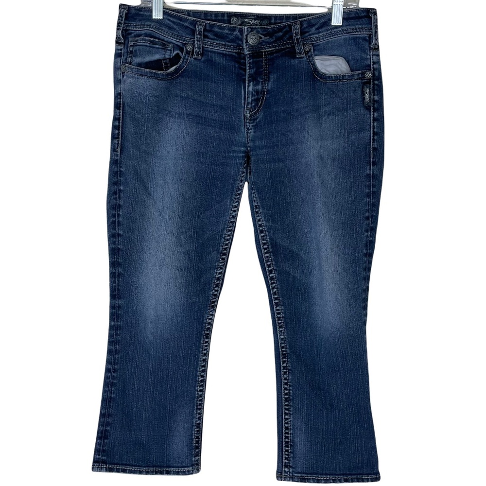 Silver Jeans Aiko Kick Flare Blue Denim Capri Crop Pants Big Button Embroidered